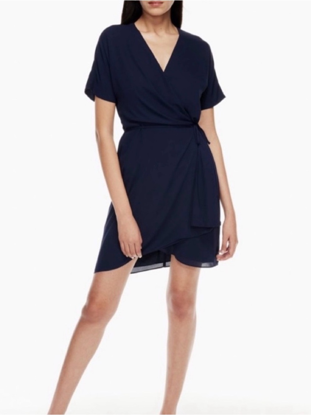 Aritzia Women's Navy Wrap Short Dress - Elegant V-Neck Tie Waist
